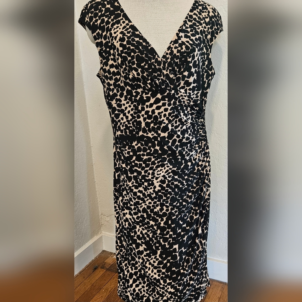 Lauren Ralph Lauren Leopard Print Stretchy V-neck Ruched A-line Dress Size 14